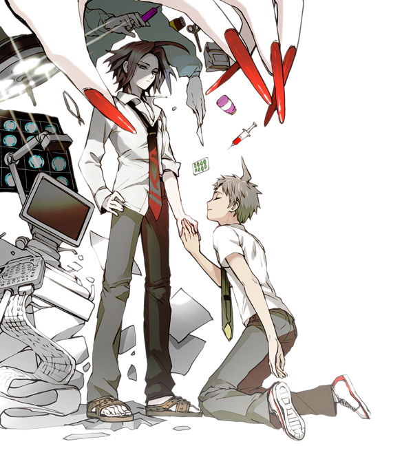 ahoge, black_hair, brown_hair, closed_eyes, dangan_ronpa, dangan_ronpa/zero, enoshima_junko, hands