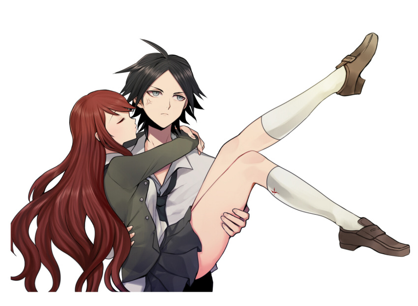 1boy, 1girl, ahoge, black_hair, carrying, closed_eyes, dangan_ronpa, dangan_ronpa/zero