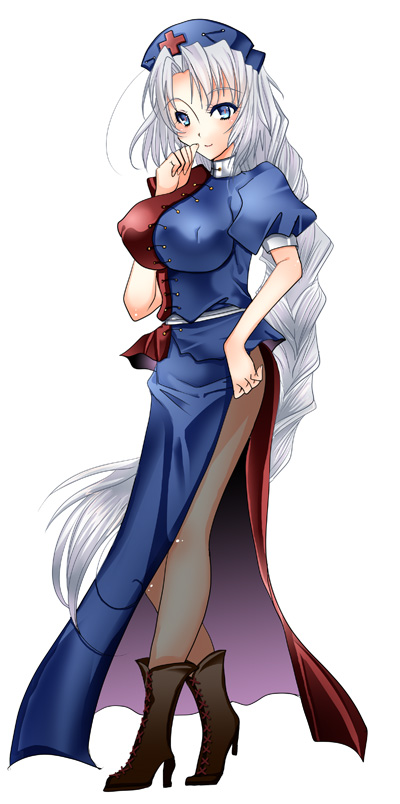 1girl, blue_hair, boots, braid, hat, large_breasts, long_hair, sakayaki_yuuya