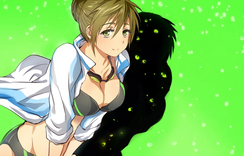 1girl, bikini, black_bikini, breasts, brown_hair, cleavage, collarbone, free!, genderswap, goggles, goggles_around_neck, green_eyes, hair_bun, leaning_forward, open_clothes, open_jacket, sakielcy, shadow, short_hair, smile, solo, swimsuit, tachibana_makoto, track_jacket