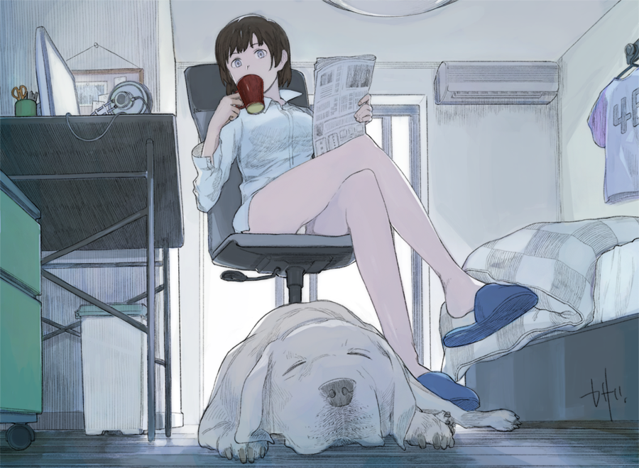 1girl, bed, bedroom, blue_eyes, bottomless, brown_hair, coftof, computer, crossed_legs, cup, dog, newspaper, original, panties, pantyshot, pantyshot_(sitting), shoe_dangle, short_hair, sitting, slippers, solo, underwear