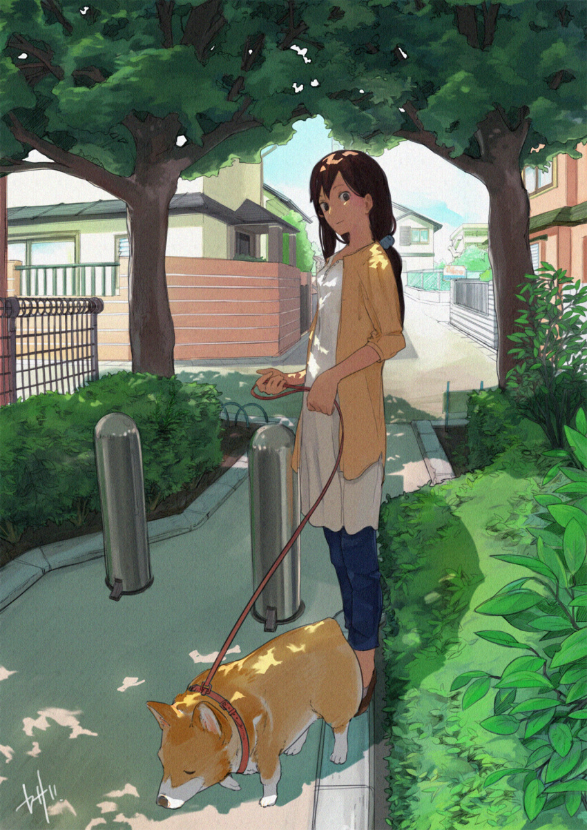 1girl, brown_hair, coftof, corgi, dog, highres, long_hair, looking_at_viewer