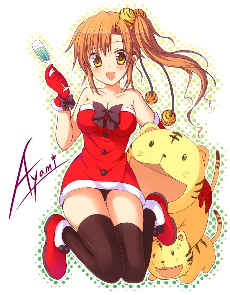 1girl, ayamisiro, black_legwear, blush, breasts, cleavage, gloves, long_hair