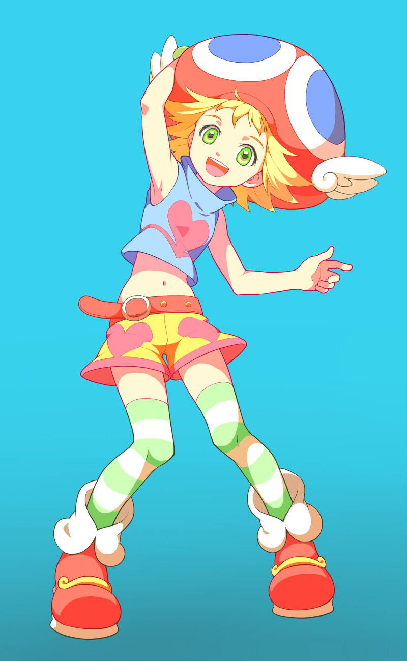 1girl, amitie, amitie_(puyopuyo), blonde_hair, blue_background, flipped_hair, green_eyes, hat, highres, midriff, navel, puyopuyo, puyopuyo_fever, shirt, shoes, short_hair, shorts, sleeveless, sleeveless_shirt, smile, socks, solo, striped, striped_legwear, thigh-highs, yukasummer
