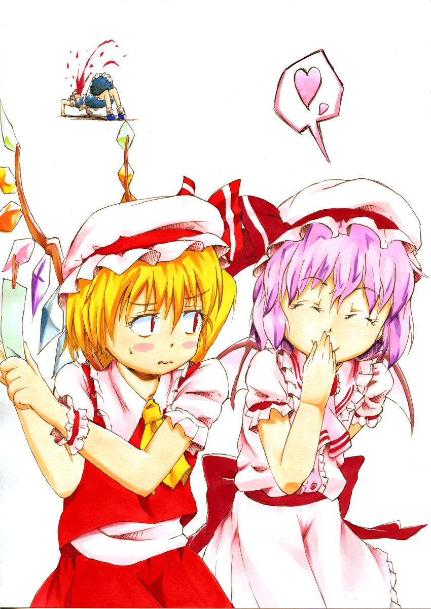 3girls, ankle_socks, arm_behind_back, ascot, backbend, bat_wings, blonde_hair, blood