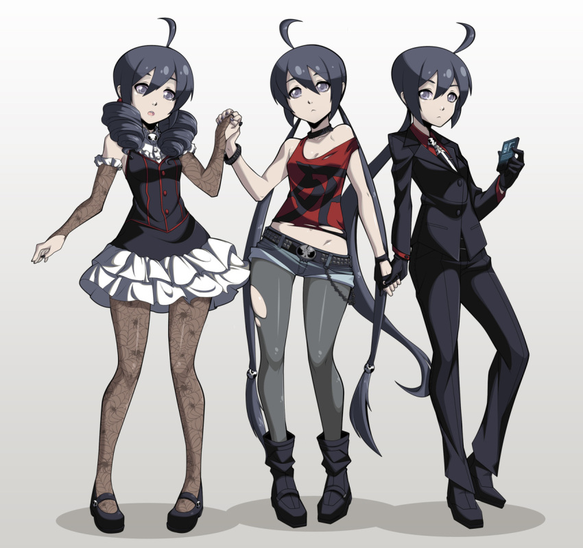 3girls, :<, ahoge, alternate_costume, alternate_hair_length, alternate_hairstyle, belt, black_gloves, black_hair, black_nails, blue_eyes, bridal_gauntlets, choker, drill_hair, fearless_night, formal, gloves, gothic_lolita, highres, holding_hands, lolita_fashion, long_hair, mary_janes, multiple_girls, multiple_persona, nail_polish, necktie, pantyhose, pigeon-toed, poco_muerte, shoes, short_shorts, shorts, skirt, small_breasts, spider_web_print, spikewible, strap_slip, studded_belt, suit, tank_top, torn_pantyhose, twin_drills, twintails, very_long_hair