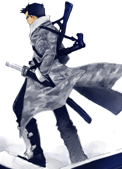 1boy, artist_request, glasses, gun, katana, shin_megami_tensei, shotgun, sword, takeshi_(shin_megami_tensei), trench_coat, weapon