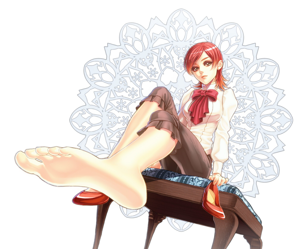 1girl, barefoot, brown_eyes, decoy00xx, fate/zero, fate_(series), feet, pov_feet, redhead, short_hair, single_shoe, sola-ui_nuada-re_sophia-ri, solo