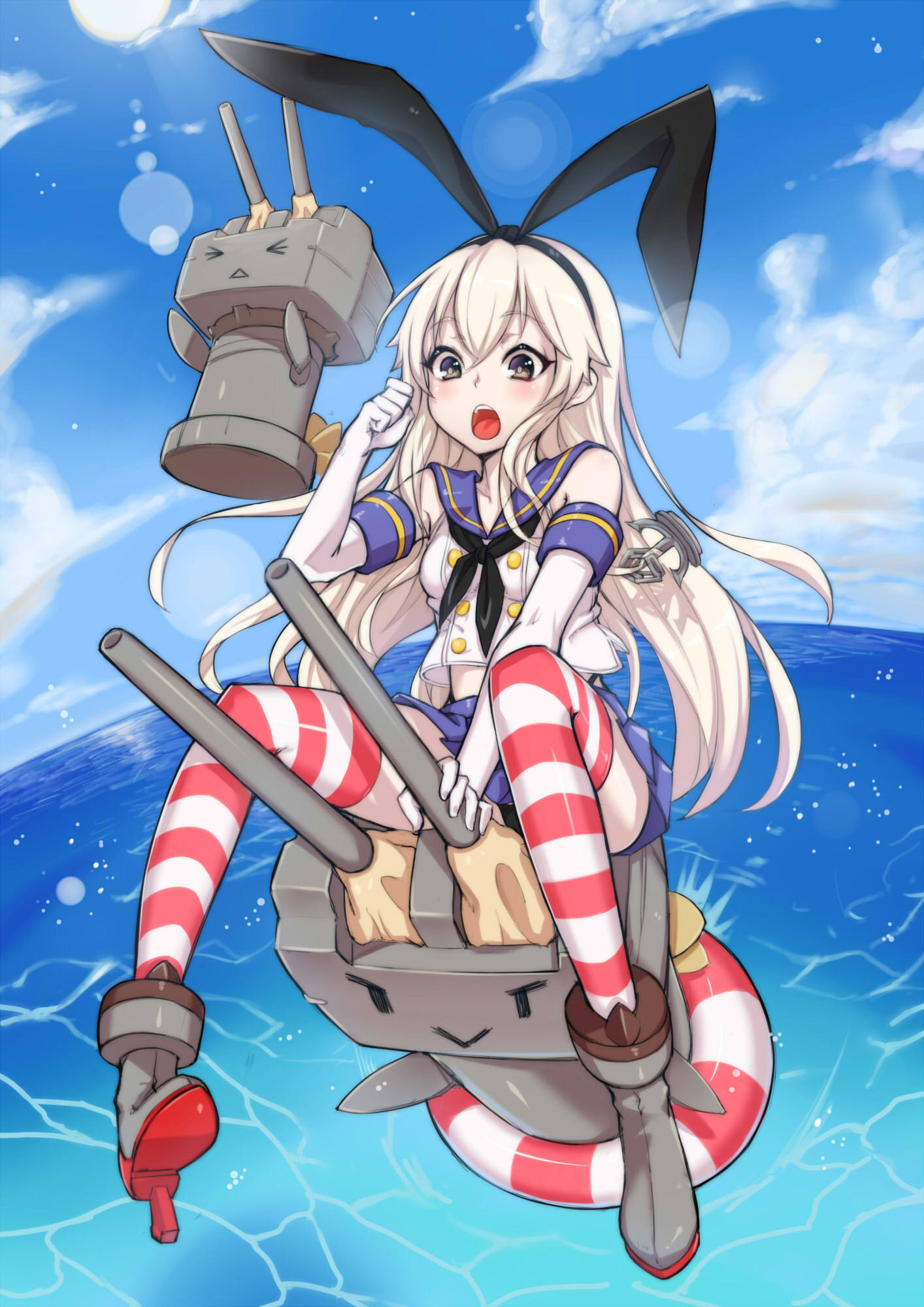 1girl, anchor, blonde_hair, blush, boots, brown_eyes, clouds, elbow_gloves