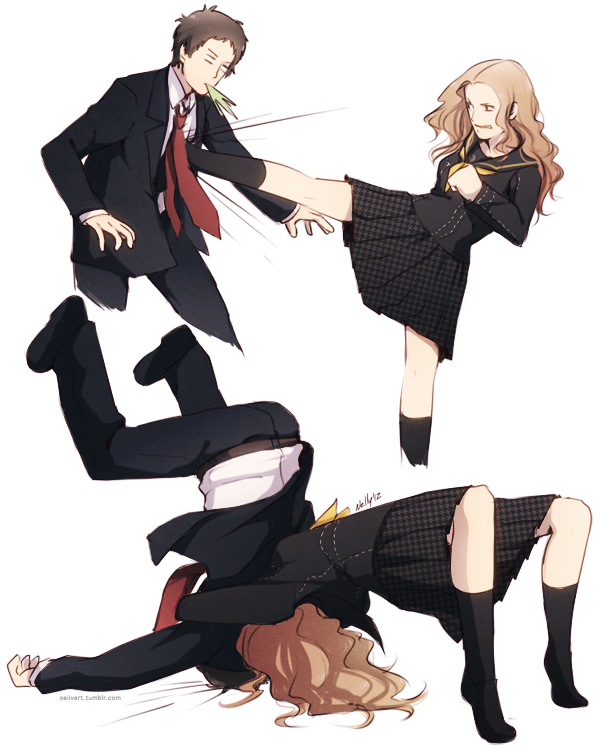 1boy, 1girl, adachi_tooru, age_difference, belt, black_legwear, blazer, brown_hair
