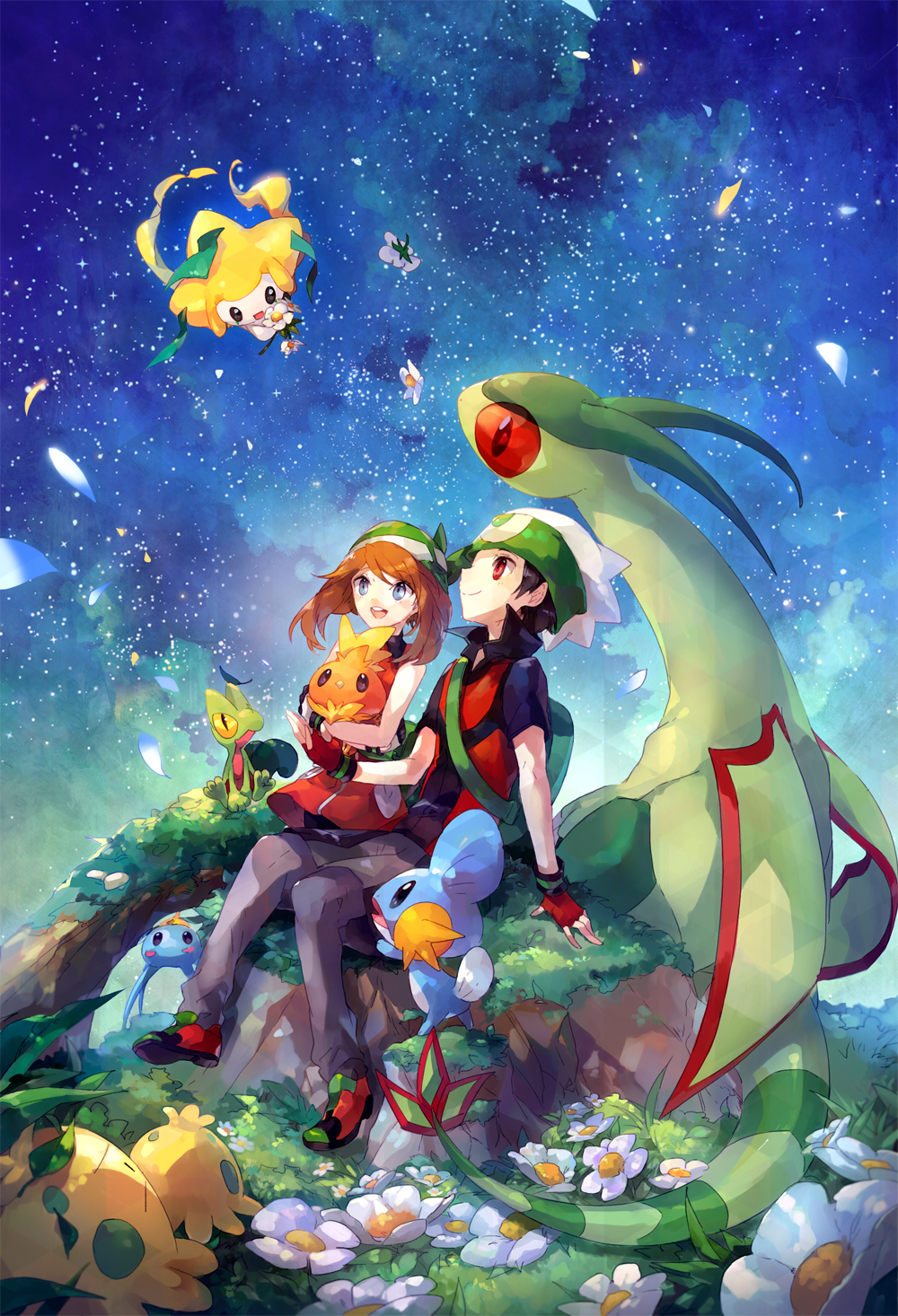 1boy, 1girl, black_hair, blue_eyes, brown_hair, fingerless_gloves, flower, flygon