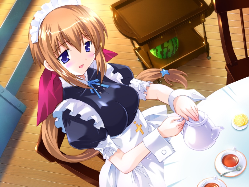 1girl, apron, blue_eyes, brown_hair, galzoo_island, maid-san, maid_headdress, mutsumi_masato