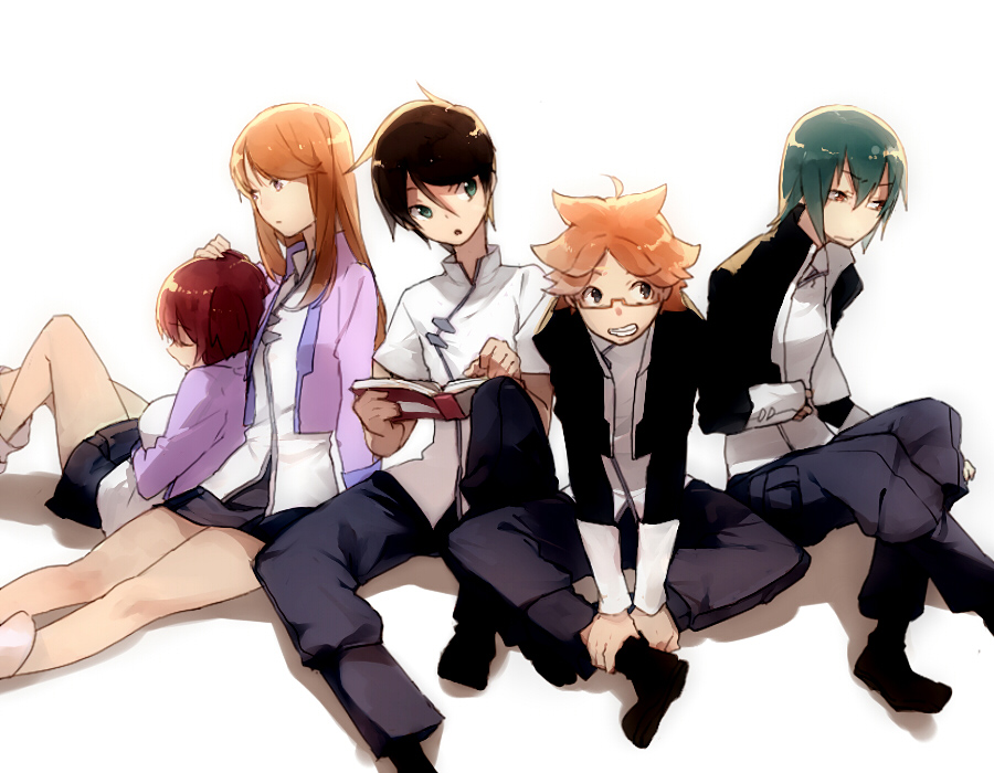 2girls, 3boys, asagi_toshikazu, black_hair, blonde_hair, blue_hair, book, brown_eyes