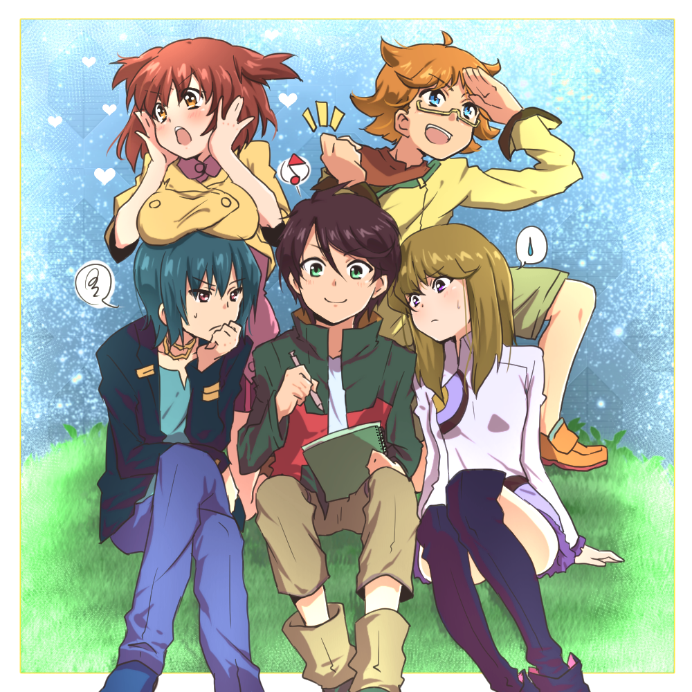 2girls, 3boys, asagi_toshikazu, banchii, black_hair, blue_hair, blush, brown_eyes