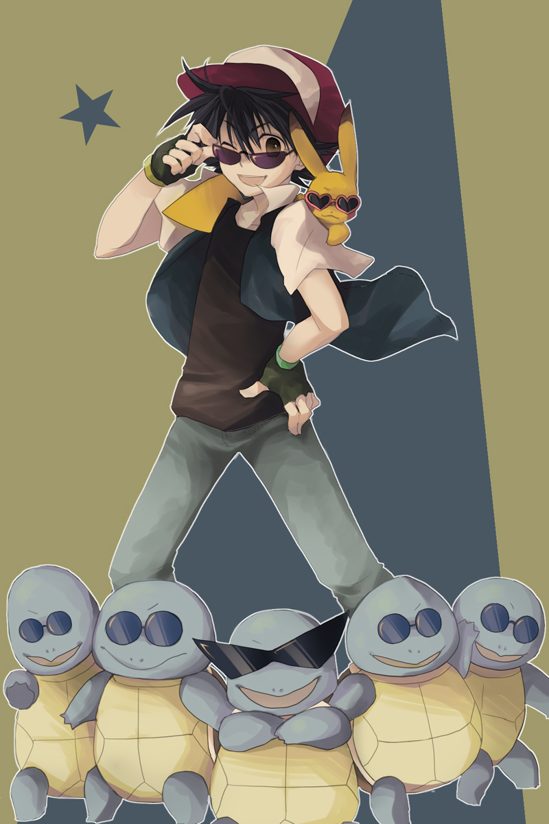 1boy, baseball_cap, black_hair, brown_eyes, fingerless_gloves, funny_glasses, glasses, gloves