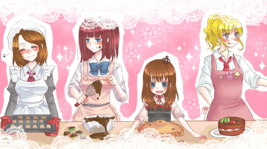 apron, blonde_hair, blush, brown_hair, cake, cookie, food, hair_bobbles