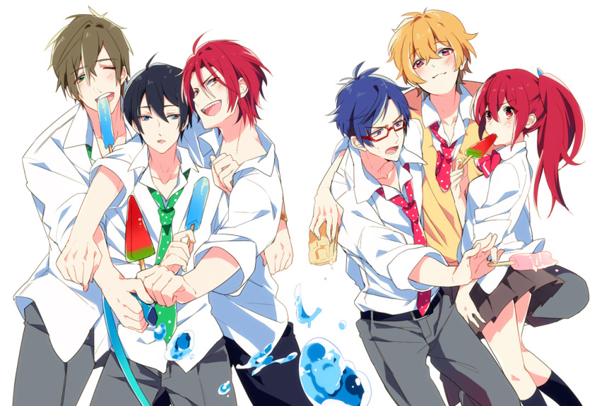 1girl, 5boys, black_hair, blonde_hair, blue_eyes, blue_hair, blush, brown_hair