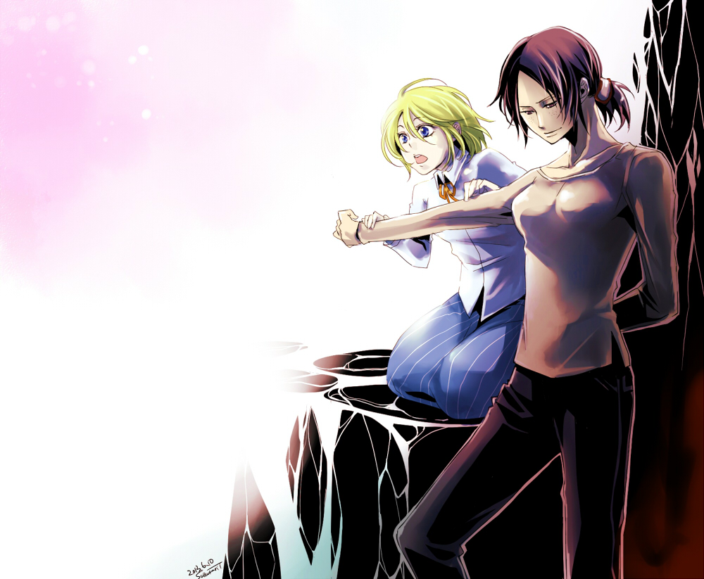 2012, 2girls, arm_behind_back, black_hair, blonde_hair, christa_renz, dated, hair_between_eyes