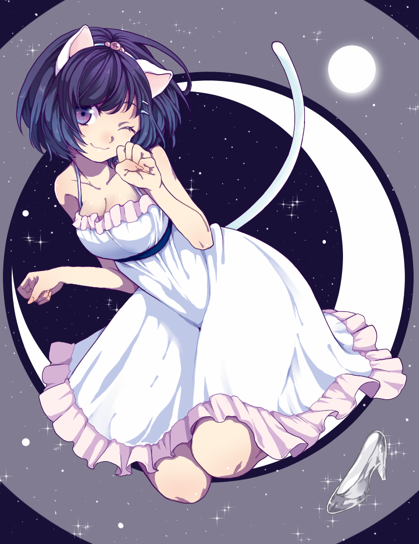 1girl, animal_ears, black_hair, cat_ears, crescent, curry_gohan, glass_slipper, hanekawa_tsubasa
