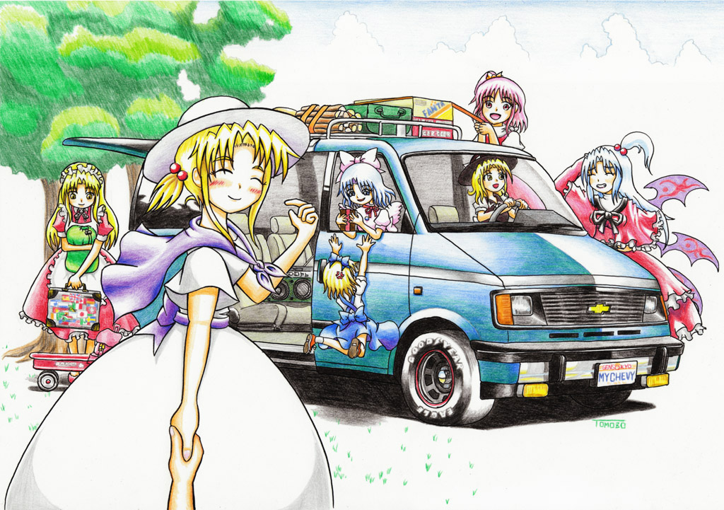 6+girls, alice_margatroid, alice_margatroid_(pc-98), anger_vein, ankle_socks, apron, artist_name, blonde_hair, blue_eyes, blue_hair, blue_sky, book, boombox, bow, capelet, chevrolet, clenched_teeth, closed_eyes, clouds, colored_pencil_(medium), demon_wings, dress, facing_viewer, fanta, goodyear, grass, grimace, hair_bobbles, hair_bow, hair_ornament, hand_on_own_head, hat, holding_hands, jumping, luize, mai_(touhou), maid_headdress, minivan, multiple_girls, nib_pen_(medium), outstretched_arms, pink_eyes, pink_hair, pov, puffy_short_sleeves, puffy_sleeves, ribbon, sara_(touhou), shinki, short_sleeves, side_ponytail, sky, smile, suitcase, tomozo8674, touhou, touhou_(pc-98), traditional_media, tree, wagon, waist_apron, white_hair, wings, yellow_eyes, yuki_(touhou), yumeko