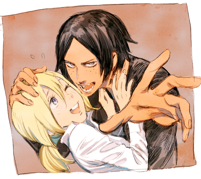 2girls, ;d, androgynous, christa_renz, foreshortening, hair_between_eyes, hair_down, hand_on_head