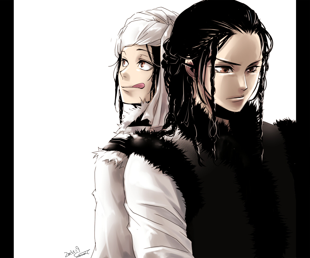 2013, 2boys, :q, azel_halgal, back-to-back, black_hair, braid, brown_eyes