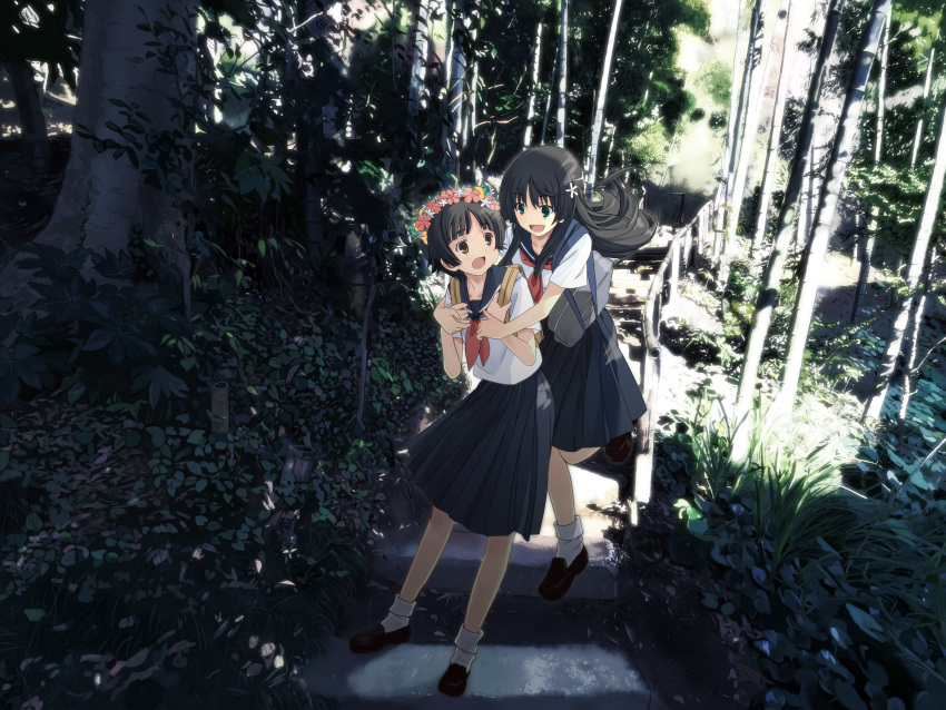 absurdres, bad_id, black_hair, flower, hair_flower, hair_ornament, head_wreath, highres