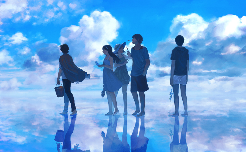 2girls, 3boys, barefoot, blue_sky, bucket, cellphone, clouds, dress