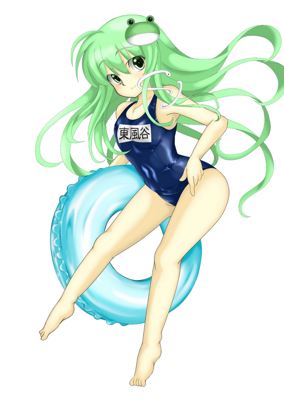 1girl, frog_hair_ornament, green_eyes, green_hair, hair_ornament, highres, innertube, kochiya_sanae