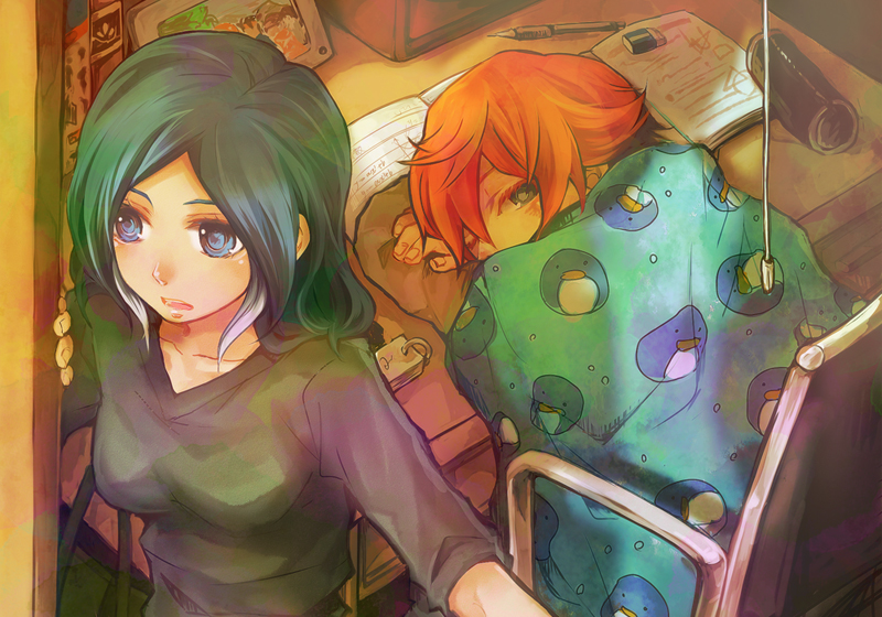 1boy, 1girl, blue_eyes, blue_hair, book, casual, chair, desk