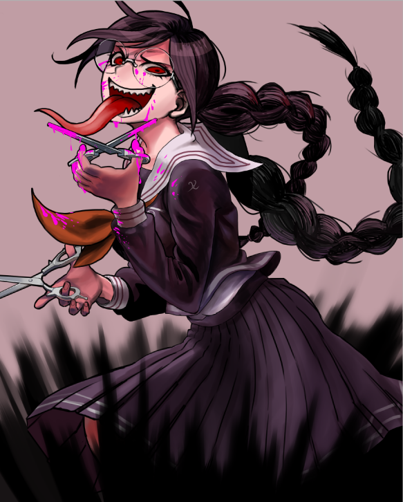 1girl, blood, blood_on_face, braid, brown_hair, dangan_ronpa, fukawa_touko, glasses, kirusu, long_hair, long_tongue, red_eyes, school_uniform, scissors, serafuku, sharp_teeth, skirt, solo, spoilers, stylized_blood, tongue, tongue_out, twin_braids