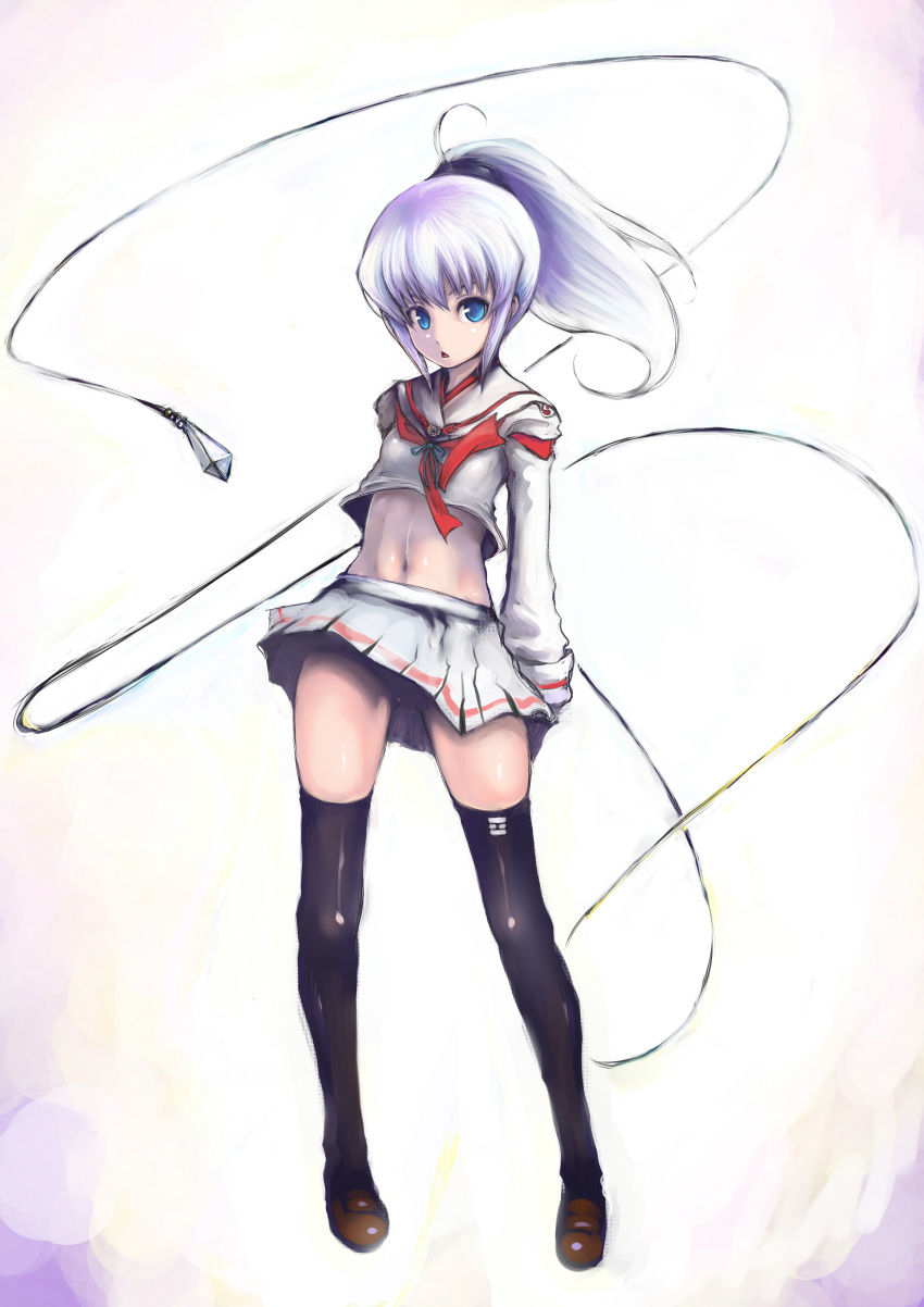 1girl, absurdres, ayakashibito, ball_and_chain, black_legwear, blue_eyes, crop_top, flat_chest