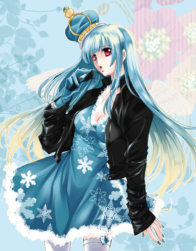 1girl, alternate_costume, blue_hair, breasts, choker, cleavage, coco_(eccentricrouge), crown