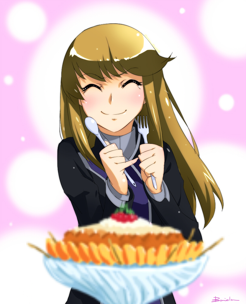 baiola, blush, brown_hair, dessert, food, fork, ginga_kikoutai_majestic_prince, kugimiya_kei