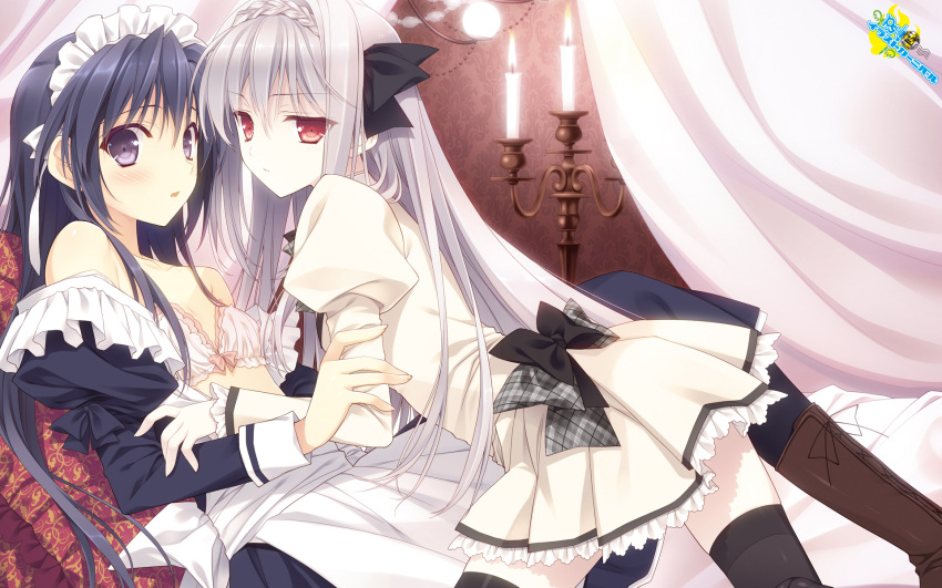 1boy, 1girl, black_legwear, blue_hair, bra, candelabra, curtains, dress