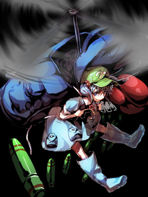 1girl, backpack, bag, benitama, blue_eyes, blue_hair, blush, bomb, boots, extra_arms, hair_bobbles, hair_ornament, hat, kawashiro_nitori, key, mechanical_arm, pocket, rotor, rubber_boots, short_hair, short_sleeves, smile, solo, touhou, twintails