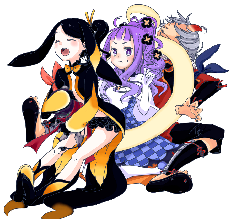 1boy, 2girls, 8041mm, black_hair, closed_eyes, dress, gloves, grey_hair
