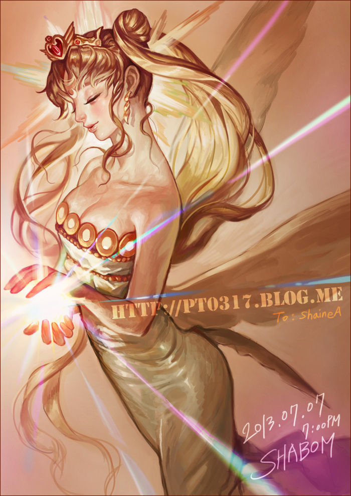 1girl, bare_shoulders, bishoujo_senshi_sailor_moon, blonde_hair, closed_eyes, crescent_moon, double_bun, dress