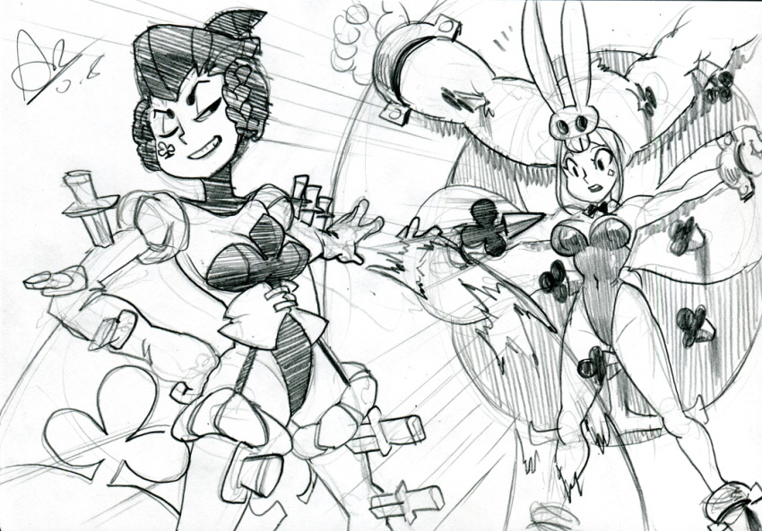 2girls, alex_ahad, alternate_costume, animal_ears, beatrix_(skullgirls), braid, breasts, bunny_girl