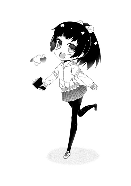 1girl, chibi, haiyore!_nyaruko-san, kouji_(campus_life), kurei_tamao, monochrome, pantyhose, short_hair
