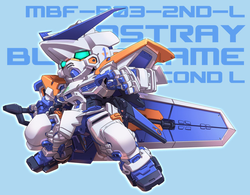 blue_background, character_name, chibi, gundam, gundam_astray_blue_frame, gundam_seed, gundam_seed_astray, huge_weapon