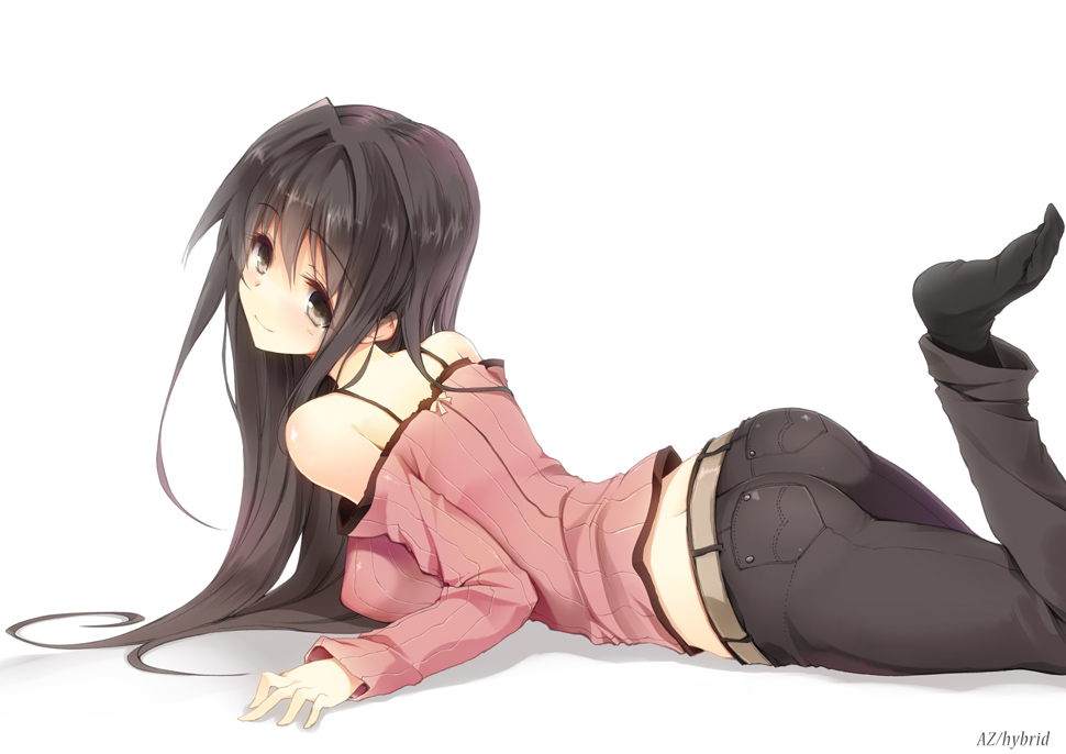 1girl, artist_name, ass, bare_shoulders, belt, black_eyes, black_hair, blush