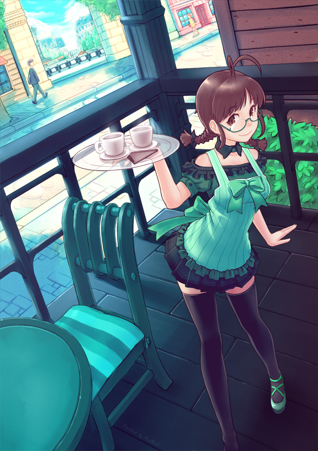 1girl, akizuki_ritsuko, antenna_hair, apron, black_legwear, bow, braid, brown_eyes