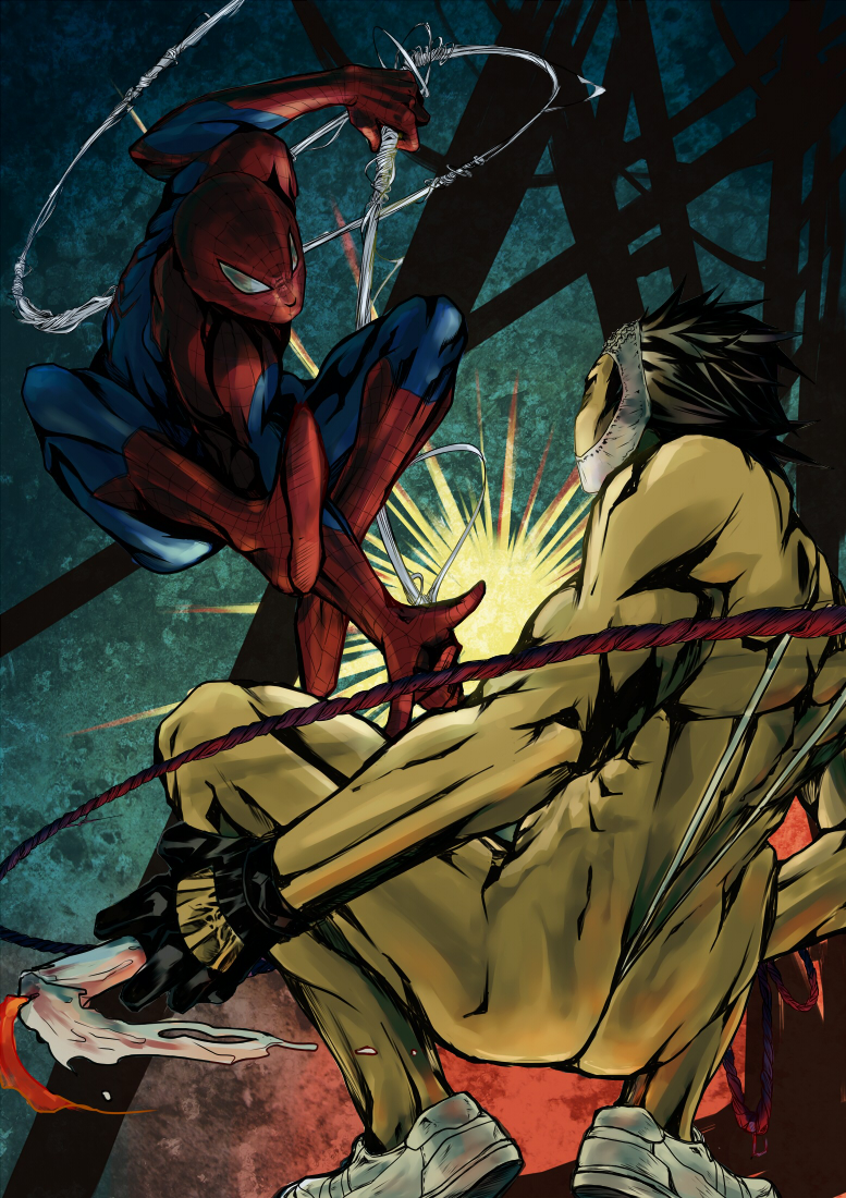 2boys, black_hair, candle, hentai_kamen, konfuji, marvel, mask, multiple_boys
