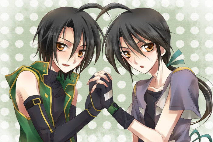2boys, ahoge, bakugan, bakugan_battle_brawlers, bakugan_new_vestroia, black_gloves, black_hair, dual_persona, gloves, holding_hands, kazami_shun, long_hair, multiple_boys, ougi_kairi, ponytail, ribbon, short_hair, sleeveless, sleeveless_hoodie, sleeveless_turtleneck, turtleneck, yellow_eyes