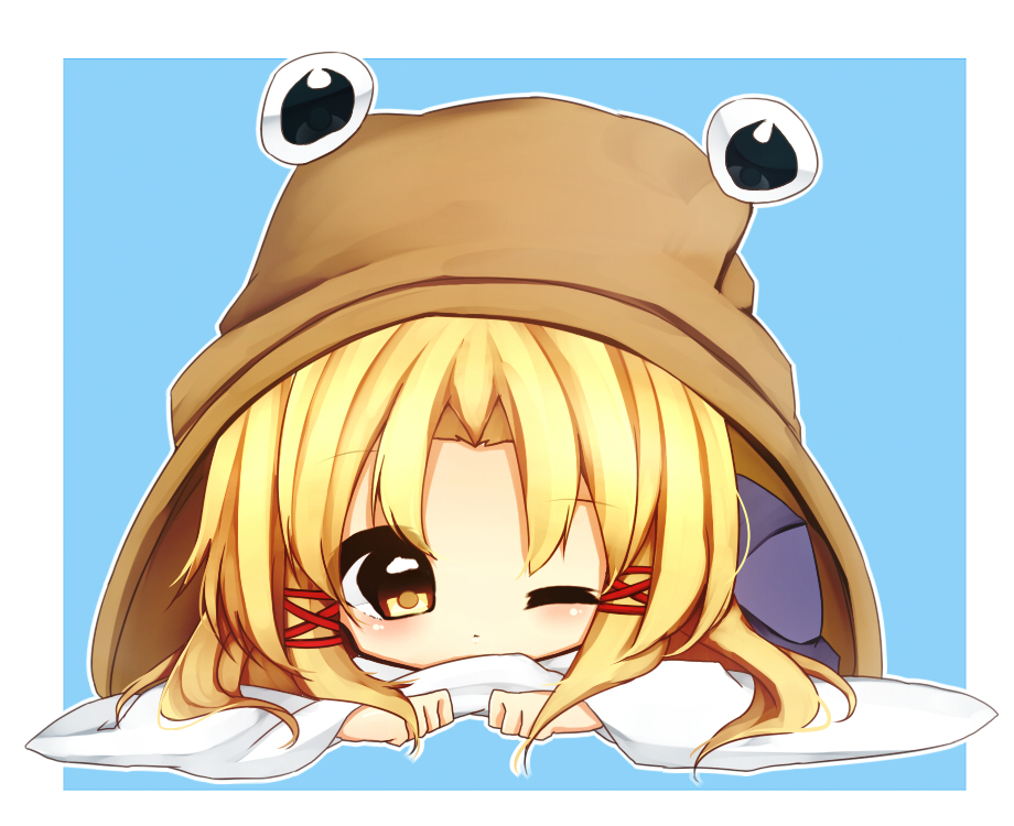 1girl, a-iueo, blonde_hair, blue_background, child, hair_ribbon, hat, long_sleeves, looking_at_viewer, lying, moriya_suwako, on_stomach, ribbon, solo, touhou, wide_sleeves, wink, yellow_eyes, young