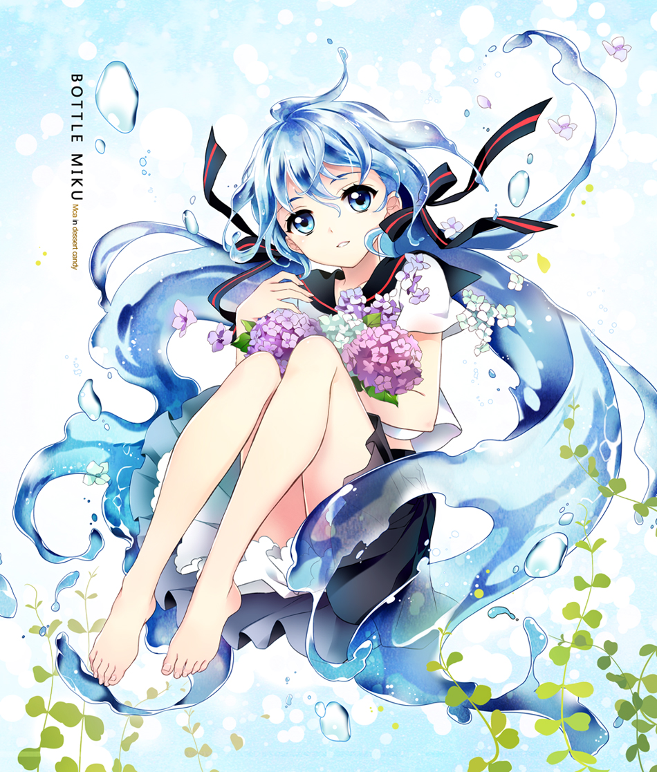 1girl, artist_name, blue_eyes, blue_hair, bottle_miku, character_name, feet, flower