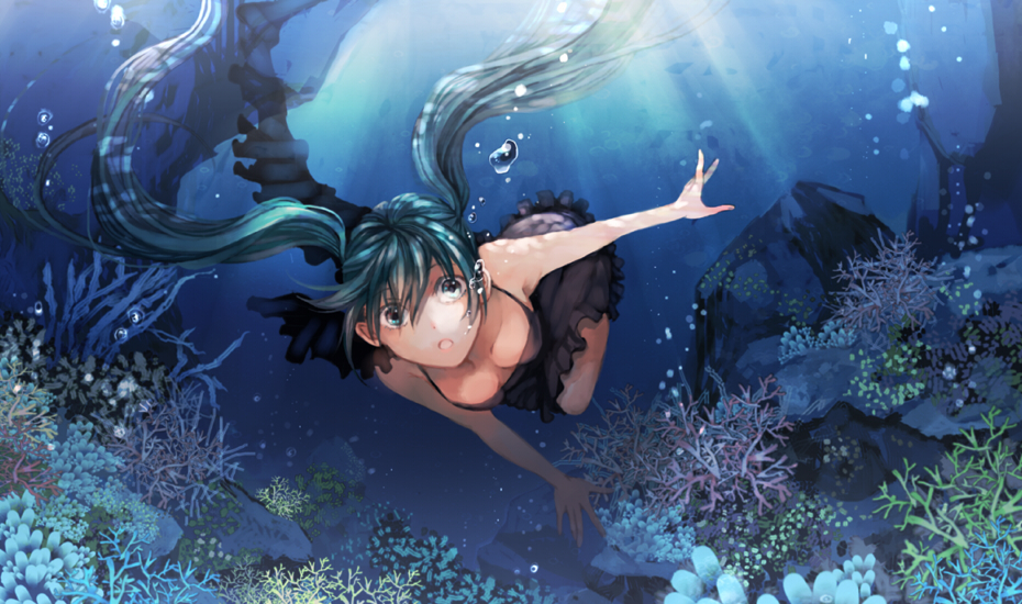 1girl, aqua_eyes, aqua_hair, bubble, coral, floating_hair, hatsune_miku, long_hair, mema, shinkai_shoujo_(vocaloid), solo, submerged, twintails, underwater, vocaloid