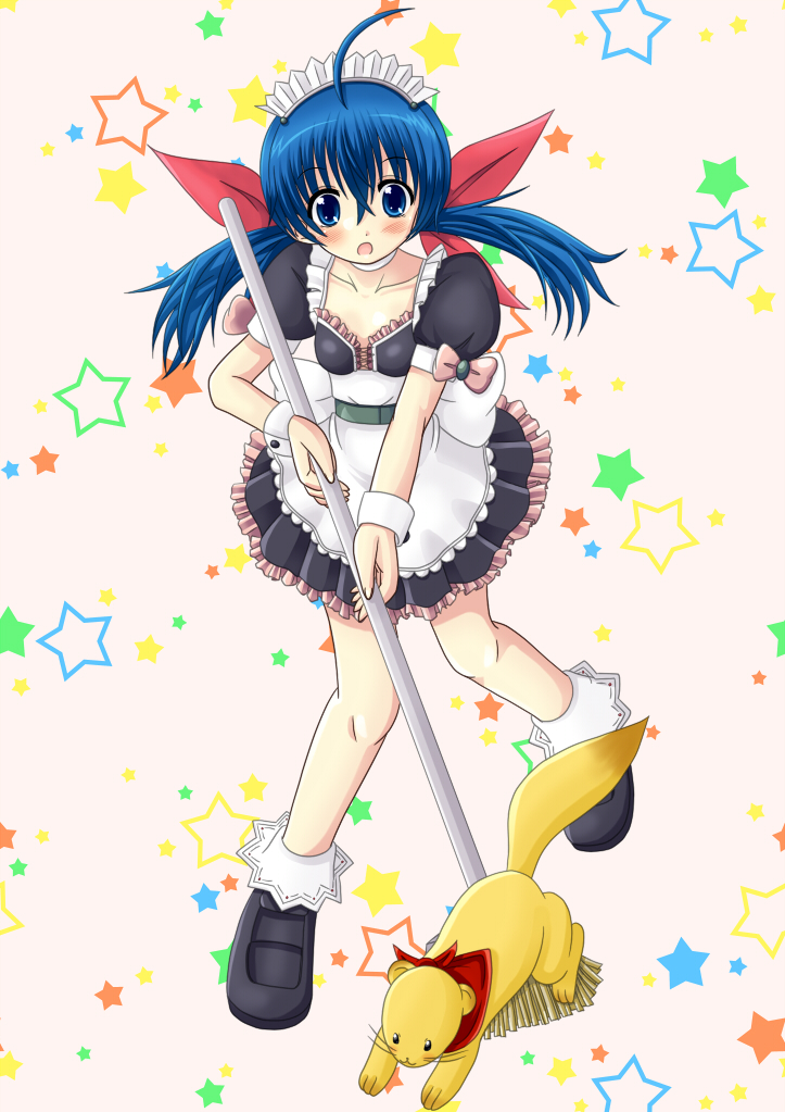 1girl, ahoge, alternate_costume, blue_eyes, blue_hair, blush, blush_stickers, choker, enmaided, ferret, futaba_hotaru, hair_ribbon, itokatsu_(garou), long_hair, maid, maid_headdress, mark_of_the_wolves, regular_mow, ribbon, solo, twintails, wrist_cuffs