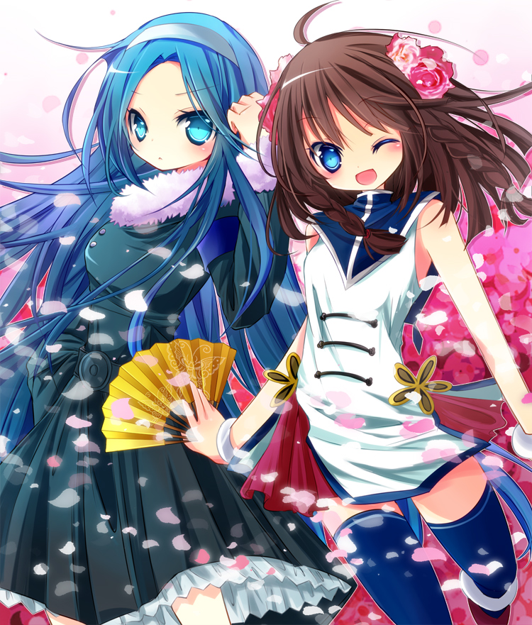 2girls, ahoge, bare_shoulders, blue_eyes, blue_hair, brown_hair, cherry_blossoms, fan